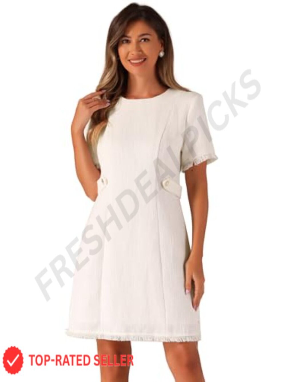 Tweed Sweater Dress Short Sleeve Round Neck A-Line Work Elegant Knit Shift